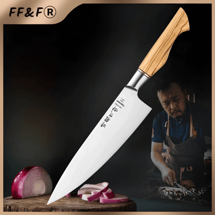 Faca de Chef de 8,3" em Aço Sandvik 14C28N com Cabo em Madeira de Oliveira - Forja Fogo&Faca
