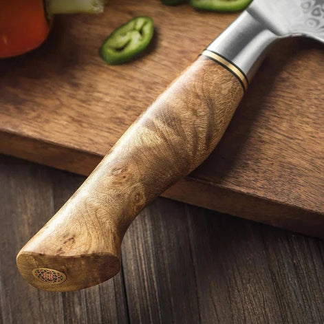 Chef’s Knife in 67-Layer Damascus Steel with 10Cr15CoMoV Core and Figured Sycamore Handle