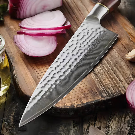 Faca de Chef em Aço Damasco de 73 Camadas com Núcleo 14Cr e Cabo em Madeira de Jacarandá Natural - Forja Fogo&Faca