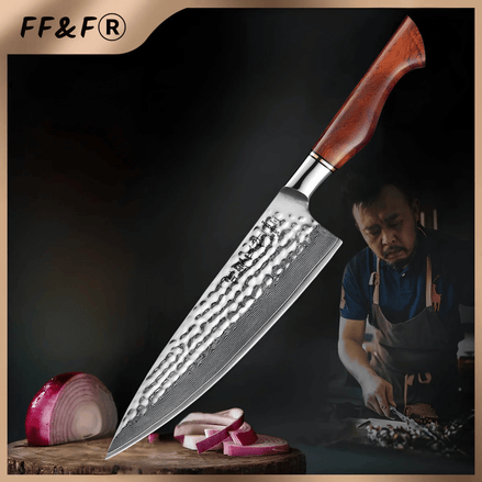 Faca de Chef em Aço Damasco de 73 Camadas com Núcleo 14Cr e Cabo em Madeira de Jacarandá Natural - Forja Fogo&Faca