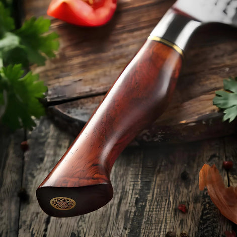 Faca de Chef em Aço Damasco de 73 Camadas com Núcleo 14Cr e Cabo em Madeira de Jacarandá Natural - Forja Fogo&Faca