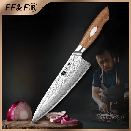 Faca de Chef Japonesa em Aço Damasco AUS - 10 com Cabo de Nogueira Preta - Forja Fogo&Faca