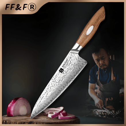 Faca de Chef Japonesa em Aço Damasco AUS - 10 com Cabo de Nogueira Preta - Forja Fogo&Faca