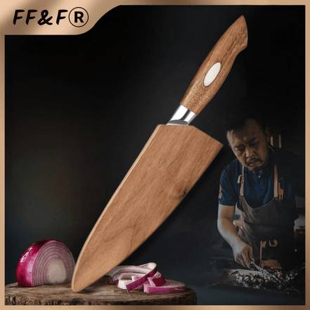 Faca de Chef Japonesa em Aço Damasco AUS - 10 com Cabo de Nogueira Preta - Forja Fogo&Faca