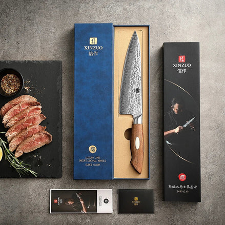 Faca de Chef Japonesa em Aço Damasco AUS - 10 com Cabo de Nogueira Preta - Forja Fogo&Faca