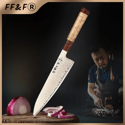 Faca de Chef Profissional 8.3” em Aço Damasco Tricolor de 37 Camadas - Forja Fogo&Faca