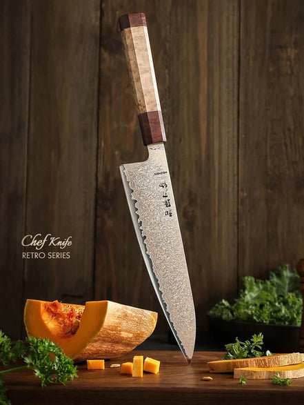 Faca de Chef Profissional 8.3” em Aço Damasco Tricolor de 37 Camadas - Forja Fogo&Faca