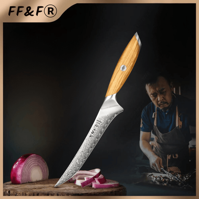 Faca de Filé 7” em Aço Damasco 73 Camadas com Núcleo em Aço em Pó - Forja Fogo&Faca
