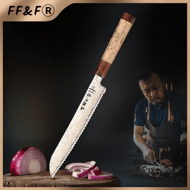 Faca de Pão 8,7″ em Aço Damasco 37 Camadas Tricolor - Forja Fogo&Faca