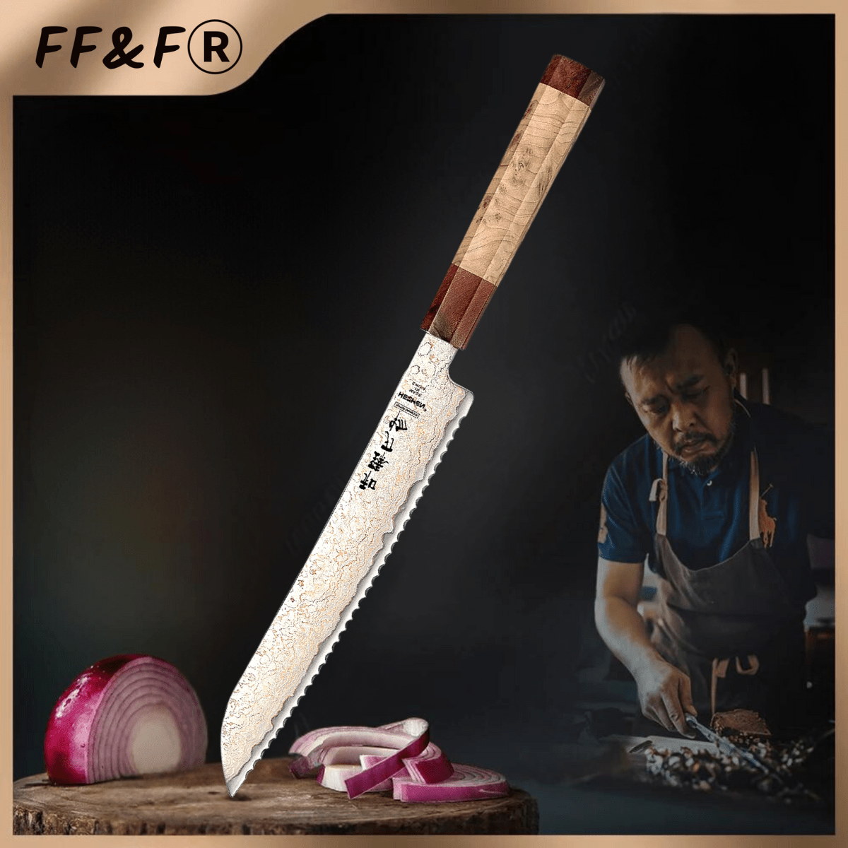 Faca de Pão 8,7″ em Aço Damasco 37 Camadas Tricolor - Forja Fogo&Faca