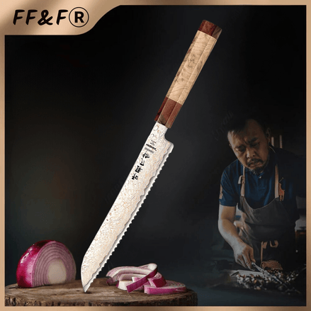 Faca de Pão 8,7″ em Aço Damasco 37 Camadas Tricolor - Forja Fogo&Faca