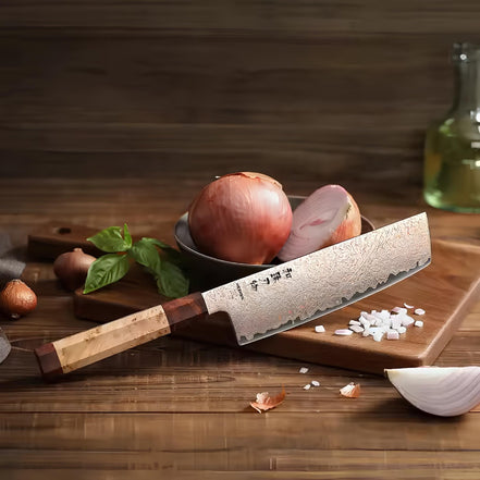 Faca Nakiri 7.2” em Aço Damasco Tricolor - Forja Fogo&Faca