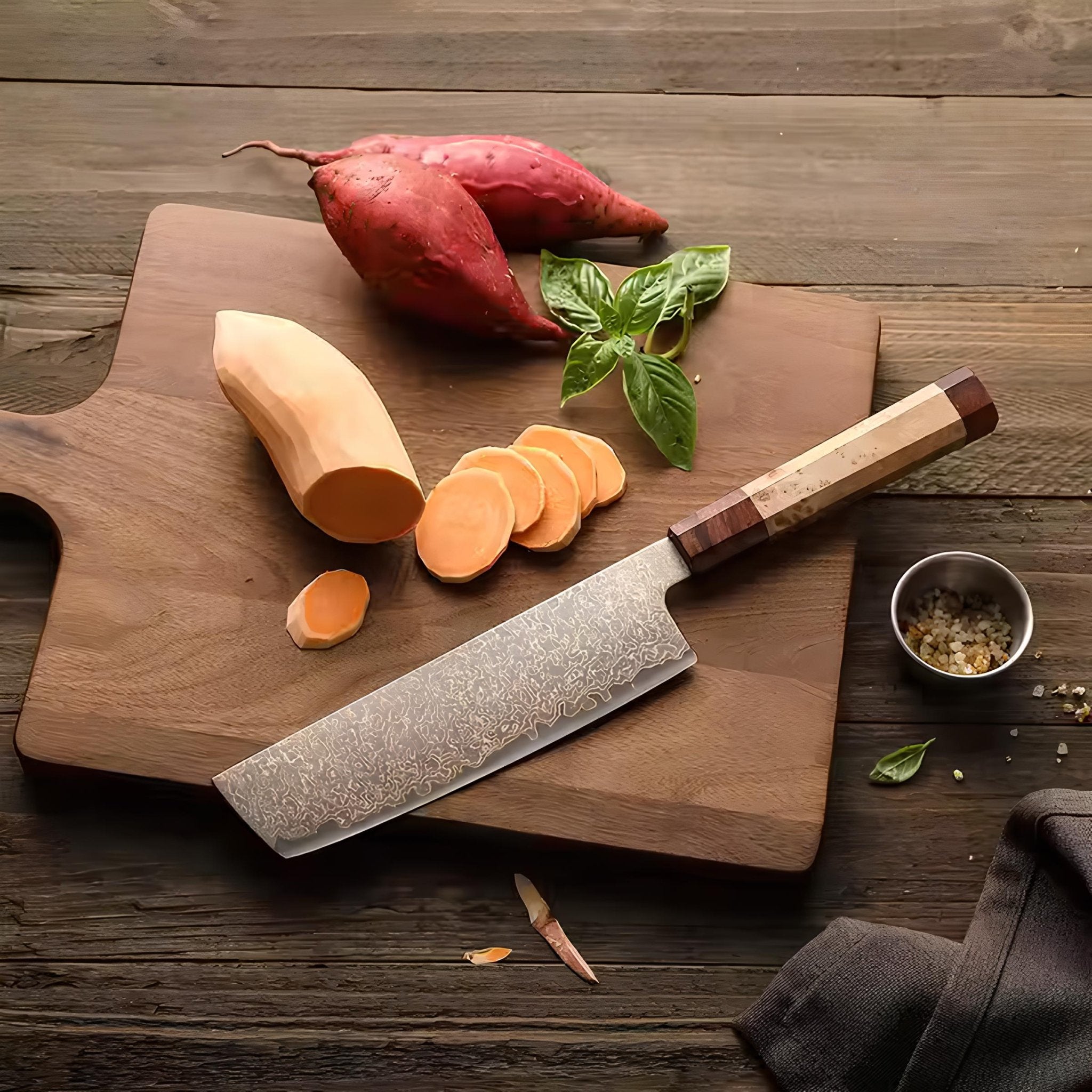 Faca Nakiri 7.2” em Aço Damasco Tricolor - Forja Fogo&Faca