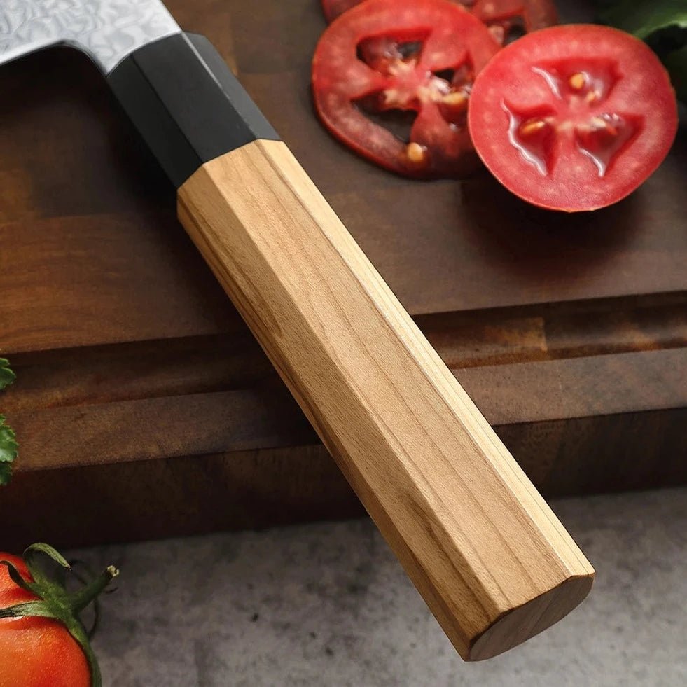 Nakiri Knife in 67-Layer Damascus Steel with Olive Wood and Buffalo Horn Handle