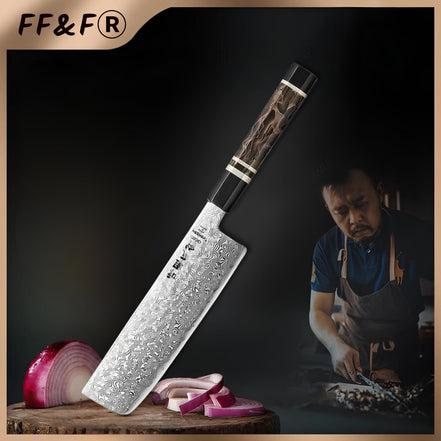 Faca Nakiri em Aço Damasco de 49 Camadas com Núcleo em Aço ZDP - 189 - Forja Fogo&Faca