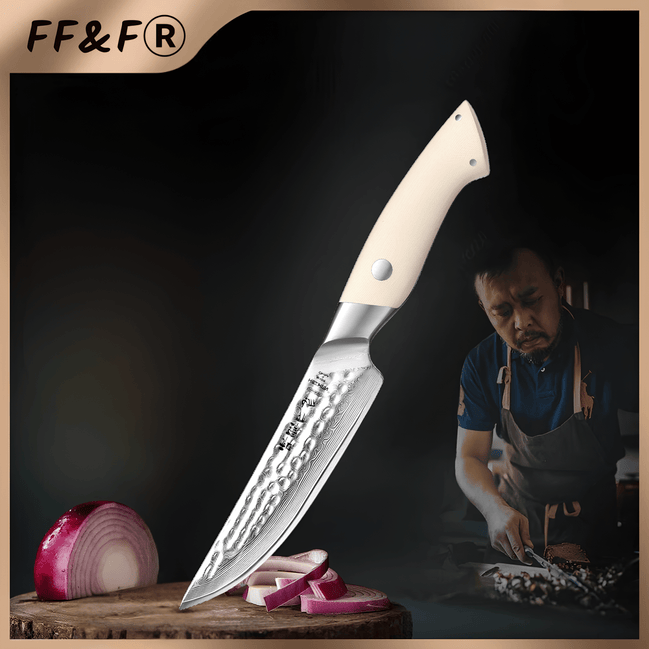 Faca para Bife Elegant Series de 5” em Aço Damasco com Cabo G10 Marfim - Forja Fogo&Faca