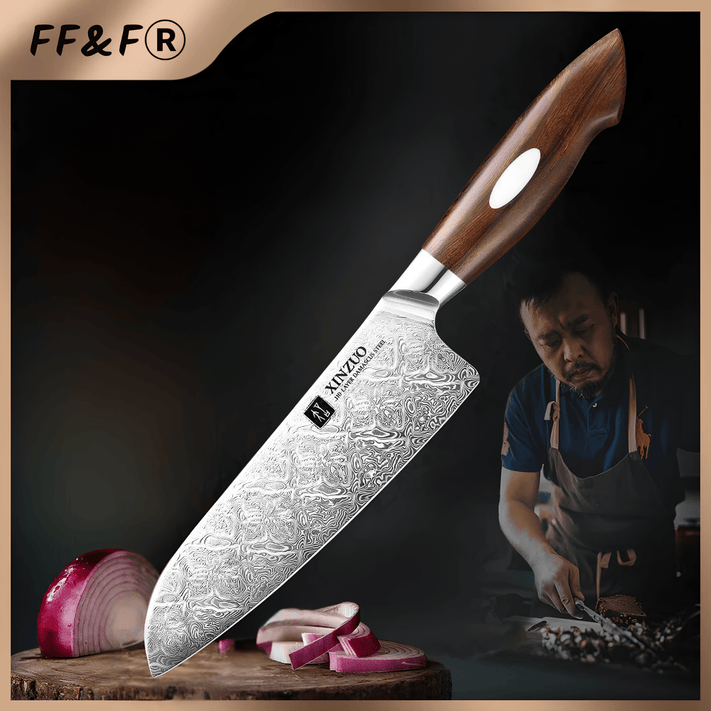 Faca Santoku 7” em Aço Damasco 110 Camadas com Cabo Desert Ironwood - Forja Fogo&Faca