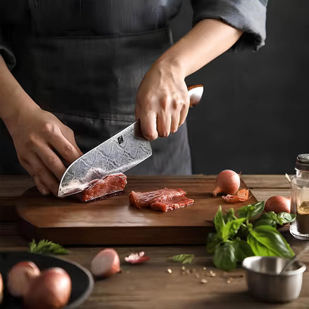 Faca Santoku 7” em Aço Damasco 110 Camadas com Cabo Desert Ironwood - Forja Fogo&Faca