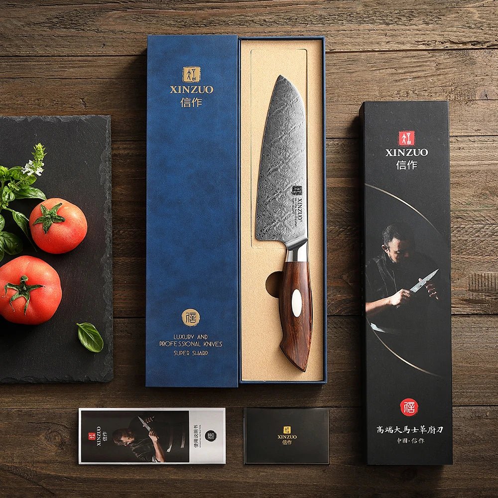 Faca Santoku 7” em Aço Damasco 110 Camadas com Cabo Desert Ironwood - Forja Fogo&Faca