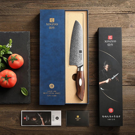 Faca Santoku 7” em Aço Damasco 110 Camadas com Cabo Desert Ironwood - Forja Fogo&Faca