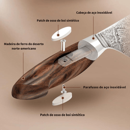 Faca Santoku 7” em Aço Damasco 110 Camadas com Cabo Desert Ironwood - Forja Fogo&Faca