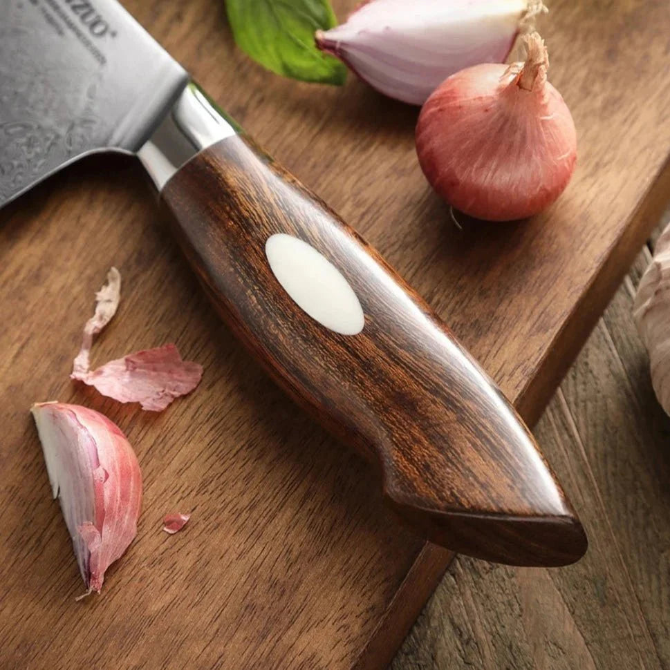 Faca Santoku 7” em Aço Damasco 110 Camadas com Cabo Desert Ironwood - Forja Fogo&Faca