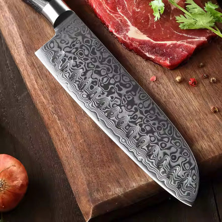 Faca Santoku 7" em Aço Damasco 67 Camadas com Núcleo 10Cr15CoMoV - Forja Fogo&Faca