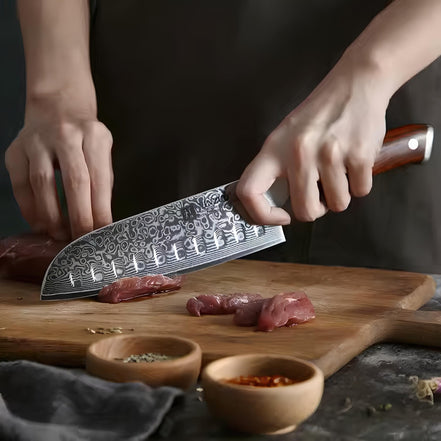 Faca Santoku 7” em Aço Damasco com Cabo de Jacarandá - Forja Fogo&Faca