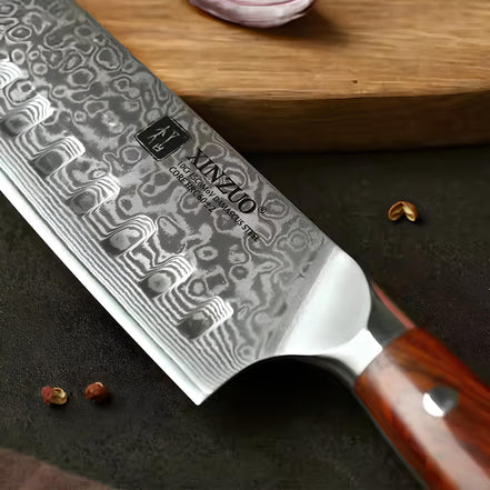 Faca Santoku 7” em Aço Damasco com Cabo de Jacarandá - Forja Fogo&Faca