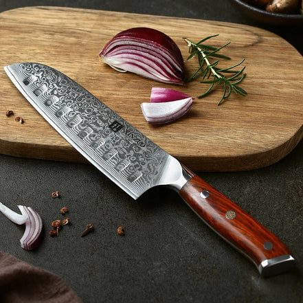 Faca Santoku 7” em Aço Damasco com Cabo de Jacarandá - Forja Fogo&Faca