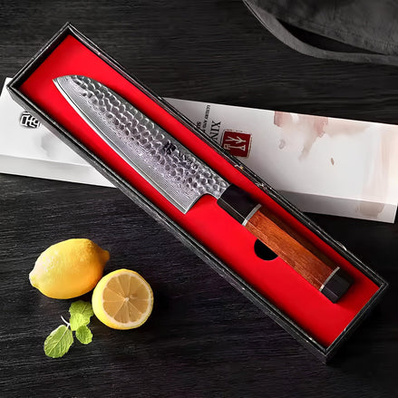 Faca Santoku 7″ em Aço Damasco de 67 Camadas com Cabo Desert Ironwood - Forja Fogo&Faca