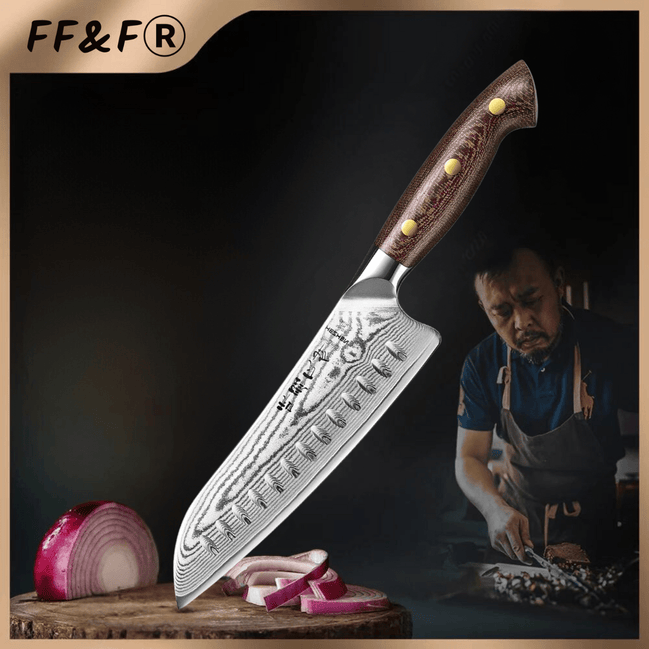 Faca Santoku 7,3" em Aço Damasco 67 Camadas com Cabo de Micarta Polido à Mão - Forja Fogo&Faca