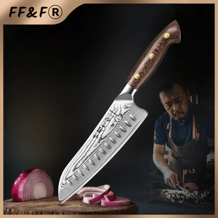 Faca Santoku 7,3" em Aço Damasco 67 Camadas com Cabo de Micarta Polido à Mão - Forja Fogo&Faca
