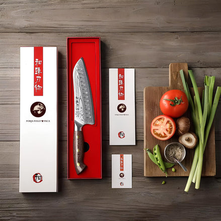 Faca Santoku 7,3" em Aço Damasco 67 Camadas com Cabo de Micarta Polido à Mão - Forja Fogo&Faca