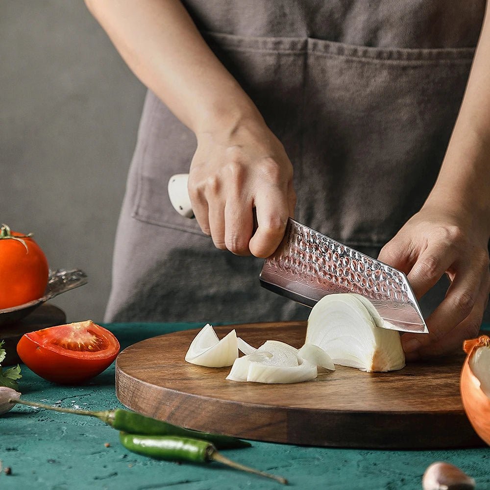 Santoku Knife in Damascus Steel with White G10 Handle