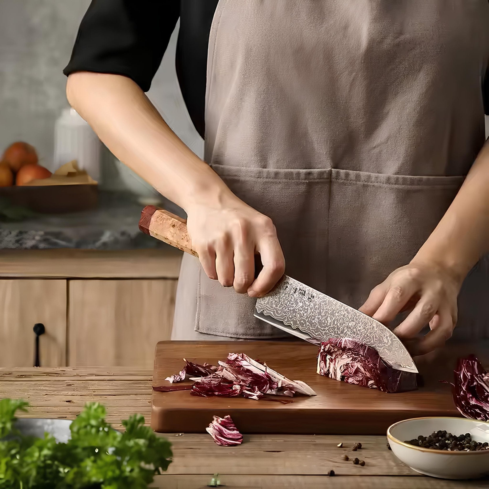 Faca Santoku Profissional 7,2” em Aço Damasco Tricolor - Forja Fogo&Faca