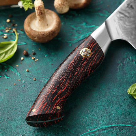 Professional Santoku Knife in 73-Layer Damascus Steel with Red and Black G10 Handle