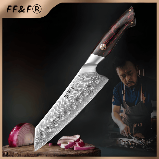 Faca Santoku Profissional em Aço Damasco de 73 Camadas com Cabo G10 Vermelho e Preto - Forja Fogo&Faca