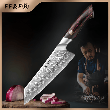 Faca Santoku Profissional em Aço Damasco de 73 Camadas com Cabo G10 Vermelho e Preto - Forja Fogo&Faca