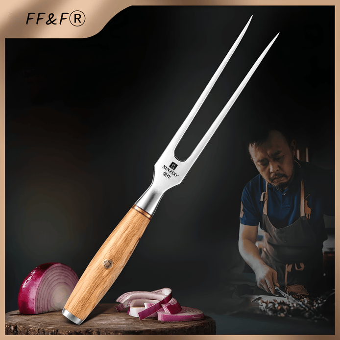 Garfo de Escultura Profissional em Aço Inoxidável 430 com Cabo em Madeira de Oliveira - Forja Fogo&Faca