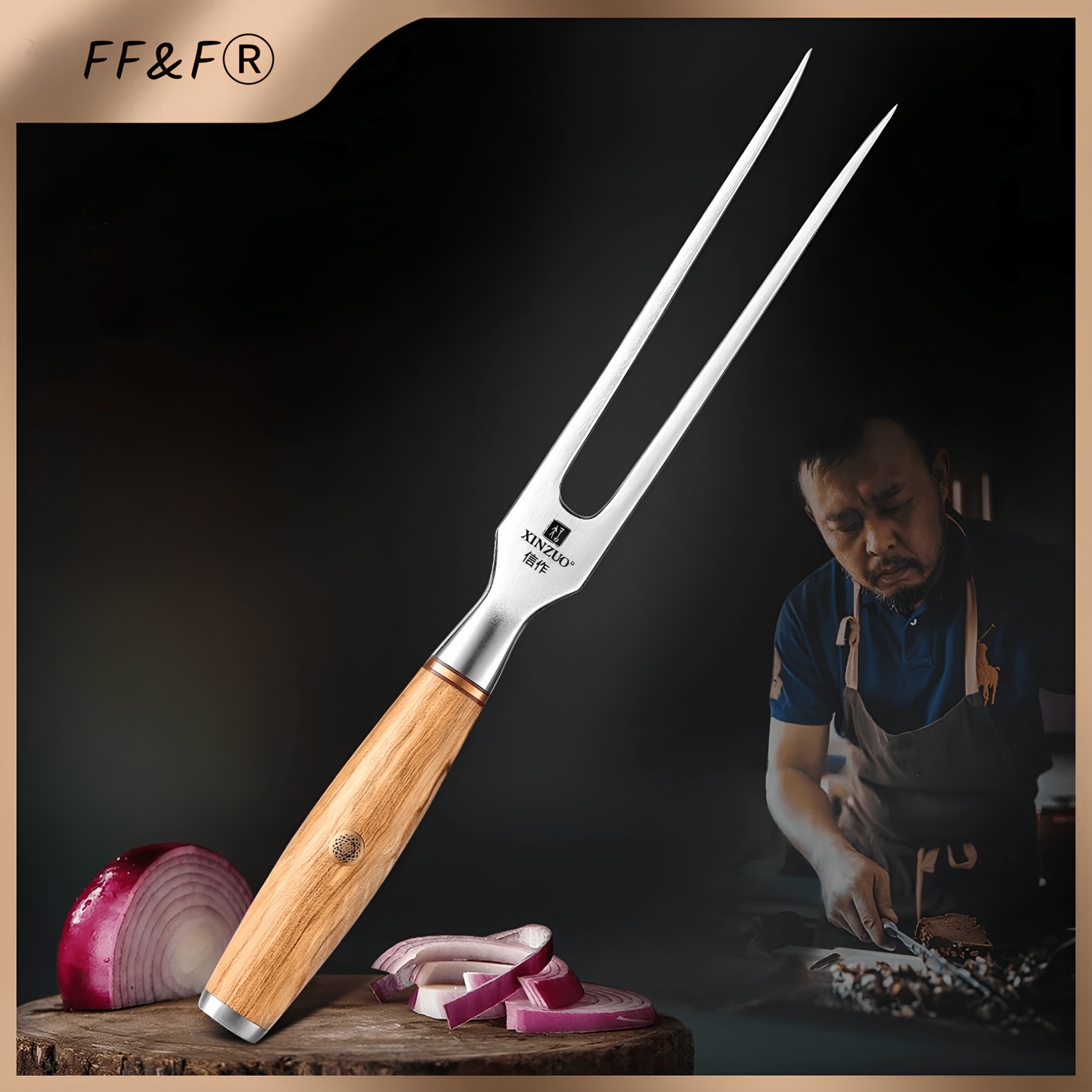 Garfo de Escultura Profissional em Aço Inoxidável 430 com Cabo em Madeira de Oliveira - Forja Fogo&Faca